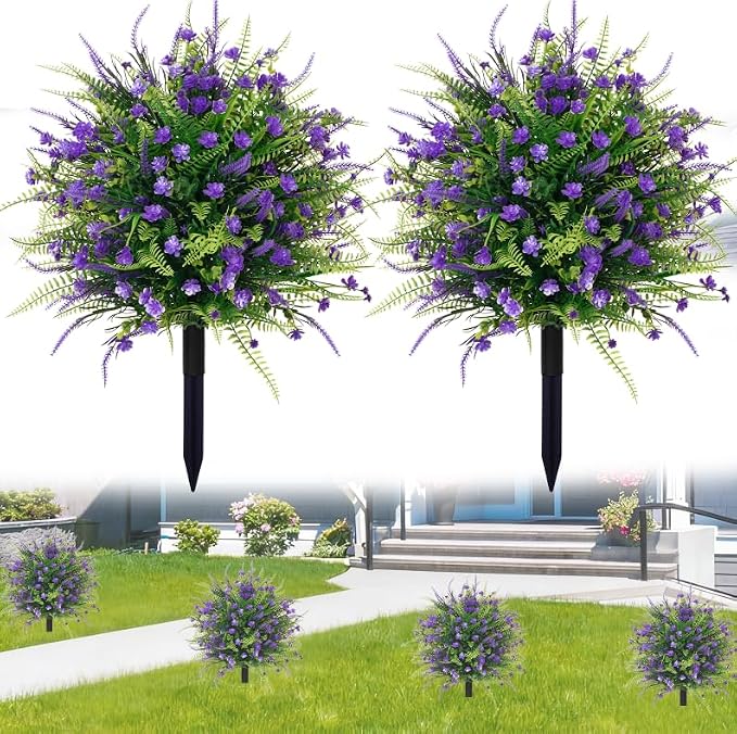 Artificial Boxwood Plants Outdoor with Stake,Set of 2 Artificial Topiary Ball Flowers Faux Shrubs Bushes with Spike, UV Resistant Fake Flowers Ball Tree for Planter Filler Garden Front Porch D17