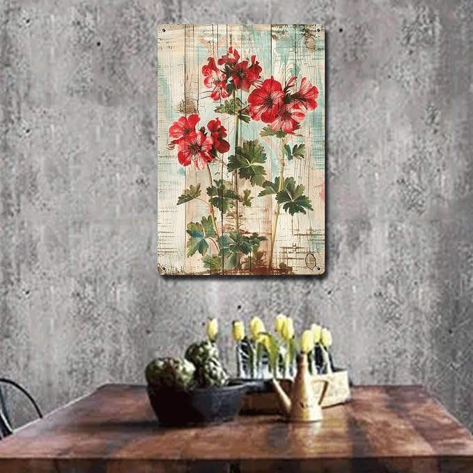 Metal Sign Tin Sign Vintage Wall Art Vintage Pelargoniums Wall Art Tin Sign for Rustic Charm Shabby Chic Interiors and Corrosion Resis Gardening Decor Gift for Restaurant 8×12 Inches