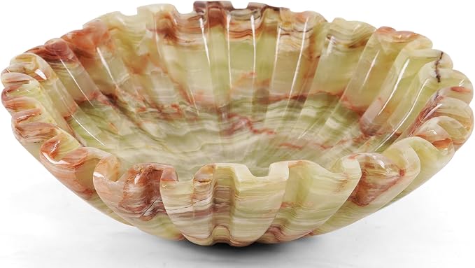 Marble Large Decorative Bowl Handmade 10 Inch Green Onyx Ruffle Bowl, Scalloped Bowls for Home Decor, Modern Fruit Bowl for Kitchen Counter, Stone Fluted Bowl for Housewarming Gifts