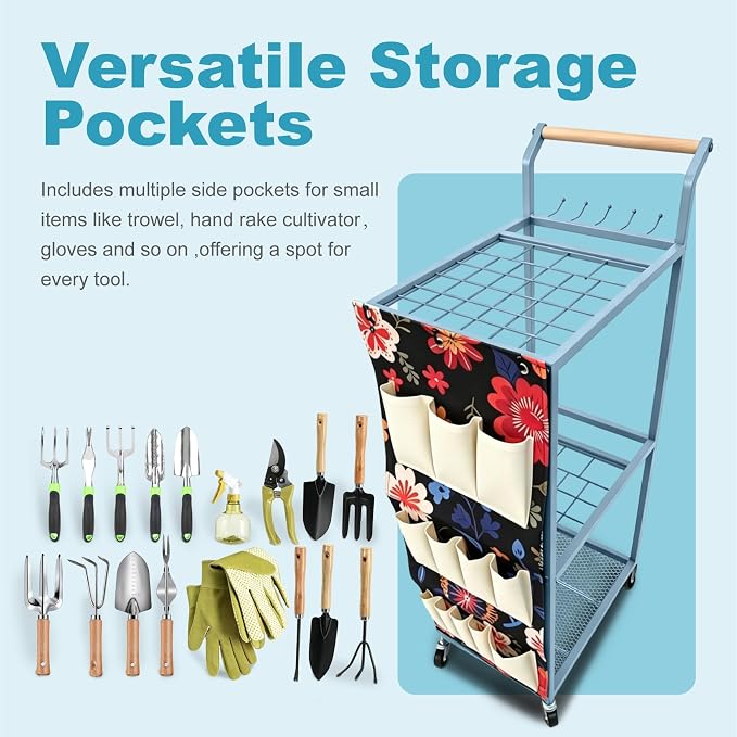 Garden Tool Organizer with Wheels 3 Tier Yard Tool Organizer Rack with Side Storage Pockets Sturdy Metal Steel Holder with 6 Hooks for Garage, Yard, Patio, Shed