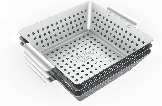 Yukon Glory 3-Piece Square Grill Basket Set | Stainless Steel BBQ Baskets with Protective Pads | Vegetables, Fish & Shrimp | RUST-PROOF | Dishwasher Safe | Gas, Charcoal & Campfire
