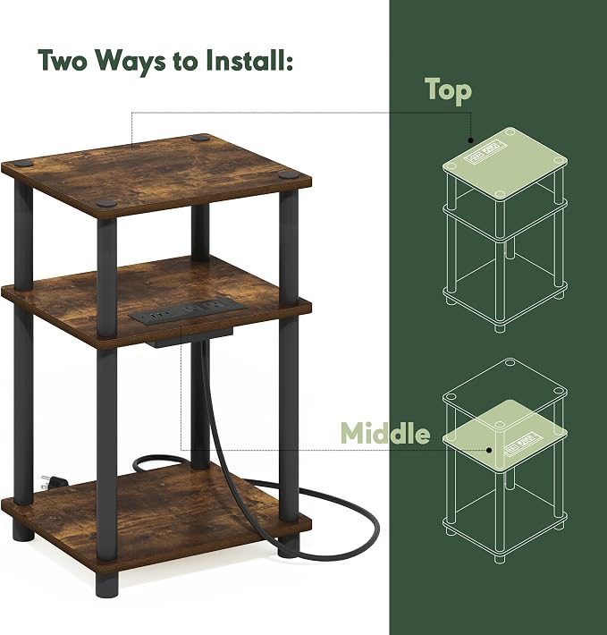 Furinno JUST Side Table Set of 2, 3-Tier Modern End Table with Charging Station, Open Shelf Night Stand, Bedside Table with USB and Type-C Port, for Living Room, Bedroom, Amber Pine