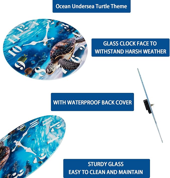 jomparis Wall Clock Battery Operated Ocean Turtle Theme Indoor Outdoor Waterproof Decor for Bathroom Pool Kitchen Paito (8 Inch,Blue)