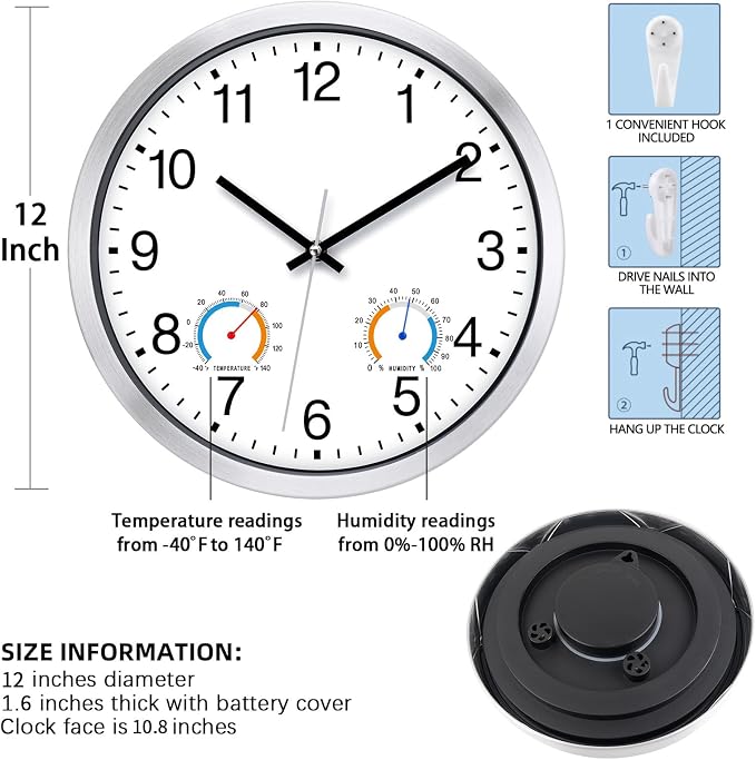 Caysie 12 Inch Indoor Outdoor Clocks Waterproof with Thermometer and Hygrometer Combo, Silent Battery Operated Quartz Metal Wall Clock for Patio Pool Bathroom Home (White)