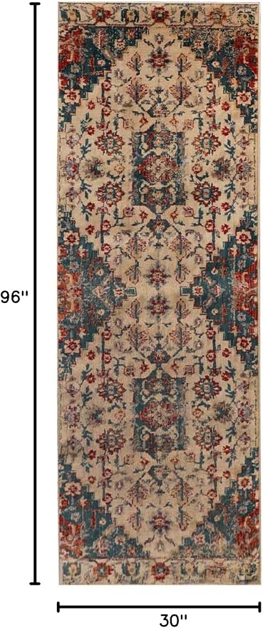 Superior Indoor Area Rug or Runner, Patchwork Rustic Leaves Floor Decor, Soft Plush Rugs for Living Room, Kitchen, Dining, Aesthetic Home Accessories, Zelder Collection 2ft 7in x 8ft - Ivory-Teal