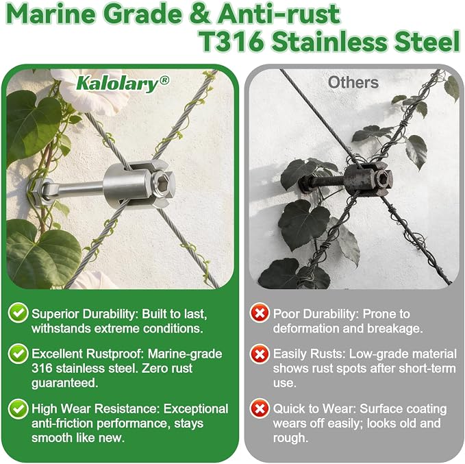 12PCS Wire Garden Trellis Kit, Kalolary T316 Stainless Steel Crosshead Standoffs for 5/64"-1/8" Wire Rope & Rods, Wall Wire Trellis System for Climbing Plants DIY Outdoor Garden Vine Flower Wall