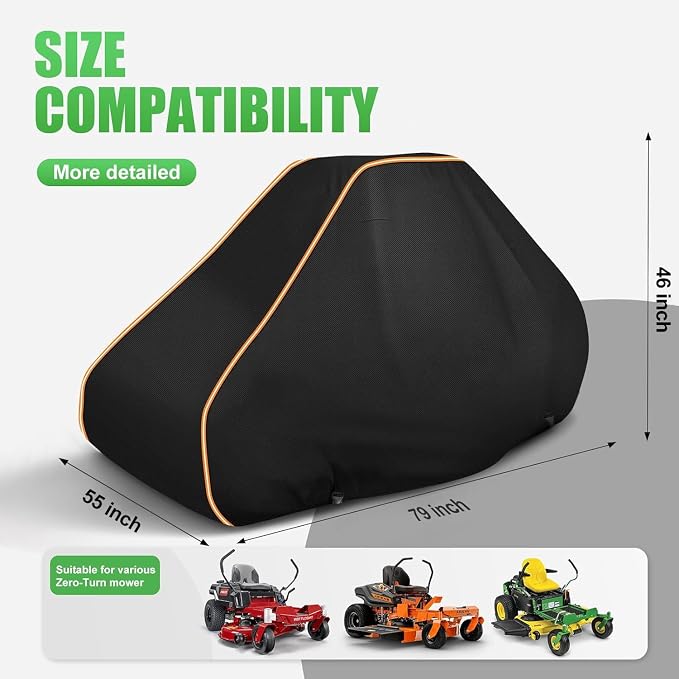 Zero Turn Lawn Mower Cover Heavy Duty Waterproof for Outdoor, 79"x55"x46" | Fits John Deere, Toro TimeCutter, Cub Cadet, Husqvarna, 420D with Cotton Lining, Windproof Elastic Hem and Buckles