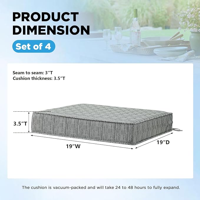 18.5 x 16 Inch Outdoor Chair Cushions with Tie Straps, Set of 4 Thick Water Repellent Rectangle Patio Chair Pads for Garden Lawn Patio Furniture, Grey Linen Stripe