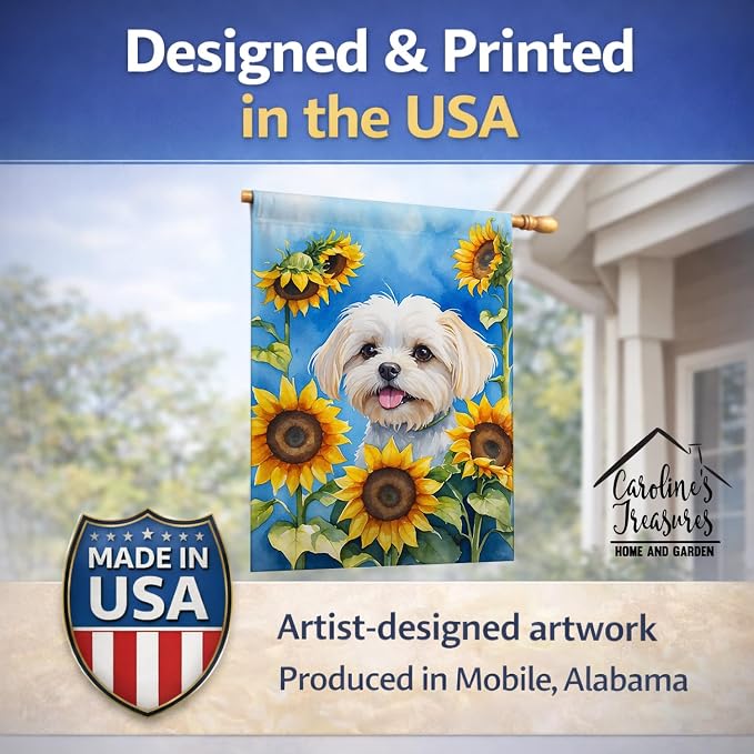 Caroline's Treasures DAC6117CHF Maltese in Sunflowers House Flag Large Porch Sleeve Pole Decorative Outside Yard Banner Artwork Wall Hanging, Polyester, House Size, Multicolor