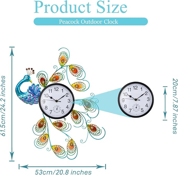 Unique Outdoor Clock Silent None-Ticking, Outdoor Wall Clock with Thermometer, Waterproof Outside Clock for Patio, Living Room, Kitchen (Blue Peacock)