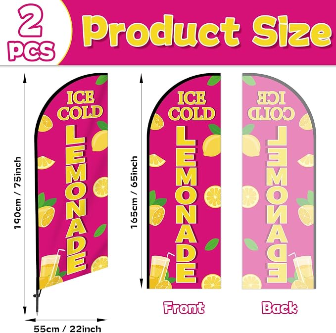 2 Sets Lemonade Feather Flag for Business Advertising 7 FT Summer Lemonade Swooper Flag Sign with Pole Ground Stake Portable Bag Windless Welcome Open Banner for Outside Garden Business Store (Pink)
