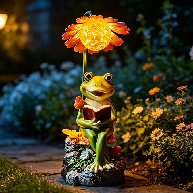 COWOS Solar-Powered Frog Garden Statue with Glowing Flower Light, Miniature Resin Figurine for Outdoor Patio, Yard, Lawn Decor