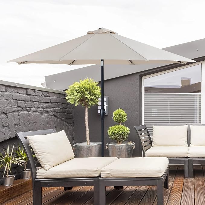 Tempera Striped Patio Umbrellas Outdoor Table Market Umbrellas with Crank & Pust Button Tilt|Auto-Tilt, 8 Steel Ribs, High Color-Fastness Canopy