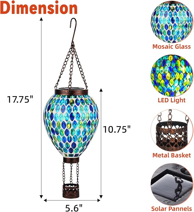 VOREEN Hot Air Balloon Solar Lantern, Handmade Mosaic Solar Outdoor Hanging Wind Light, Waterproof, Patio Festive Decor, Gift for Mom Wife Friend, Blue