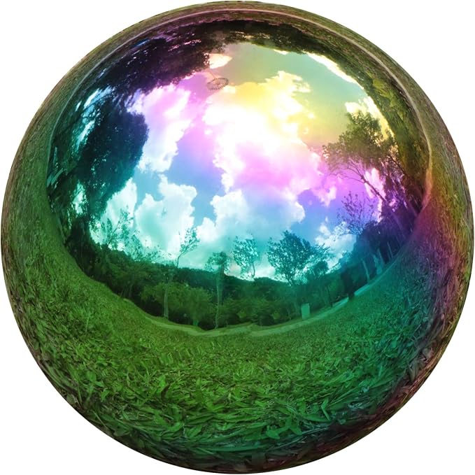 Kesywale Rainbow Gazing Globe Mirror Balls for Garden Home Stainless Steel Shiny Hollow Sphere Sparkling Outdoor Ornament (12 Inch)