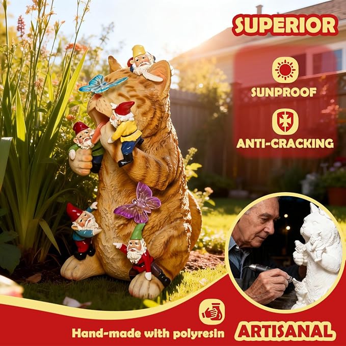 Sunthus Garden Gnome Cat Yard Art Resin Statue Décor | Solar Light Figurine For Outdoor Garden Decorations