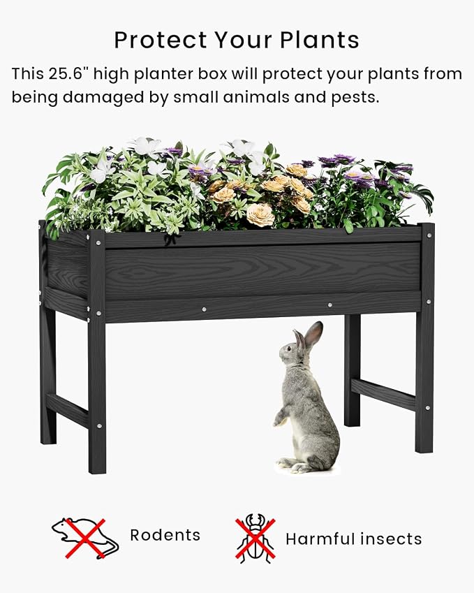 Weatherproof Raised Garden Bed, HDPE Outdoor Elevated Planter Box with Legs, Garden Box, Flower Beds for Patio, Deck, Balcony (Black)