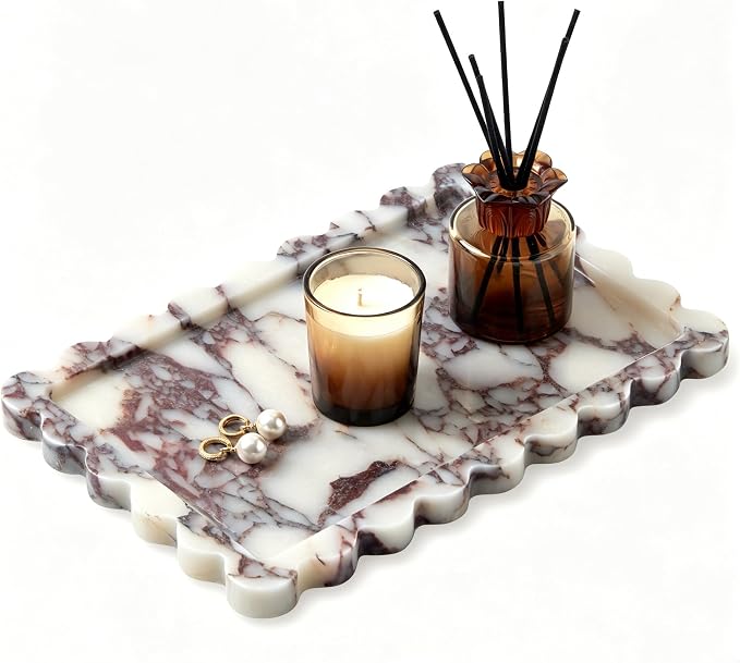 Luxury Natural Scalloped Marble Tray – 11.8 x 7.8-Inch Calacatta Viola Stone Vanity Tray, Elegant Catchall Organizer for Jewelry Perfume Keys, Unique Statement Tray for Bathroom Coffee Table & Dresser