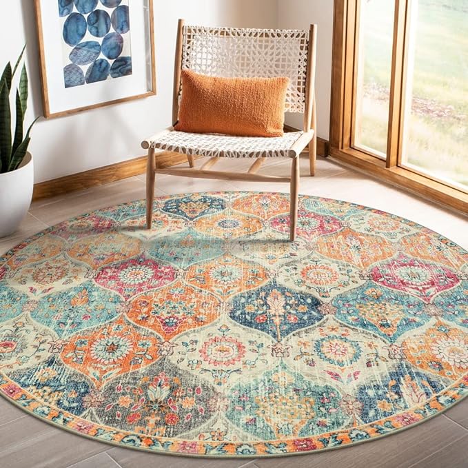 Lahome Moroccan Washable Round Area Rug, Round Rug 5ft Soft Non-Slip, Non-Shedding Distressed Circle Carpet for Bedroom Living Room Bathroom Nursery Kitchen Elise, Burnt Orange