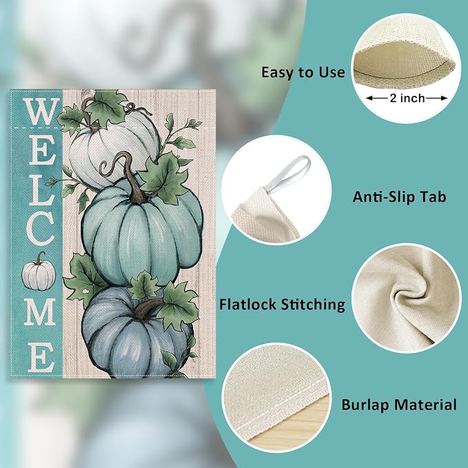 Welcome Fall Teal White Pumpkins Decorative House Flag, Autumn Farmhouse Seasonal Garden Yard Outside Decorations, Thanksgiving Rustic Burlap Outdoor Large Home Decor Double Sided 28 x 40