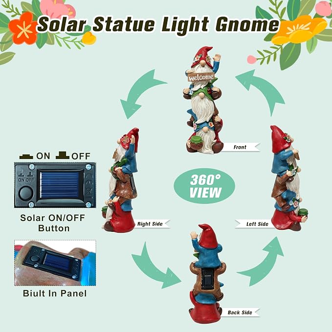 Garden Gnomes Outdoor Decor - Triple Stacked Gnome Statue with Solar Light - Weatherproof Resin Garden Decor for Outside Yard Lawn Patio - Unique Birthday Gift for Women Mom