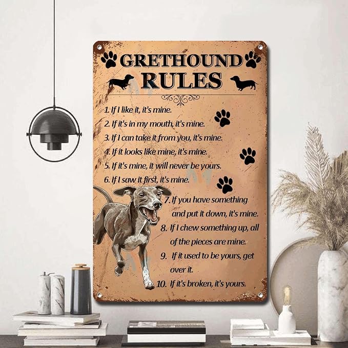 Metal Sign Tin Sign Vintage Wall Art Grethound1 Rules Kitty Decor for Club 12×16 Inches