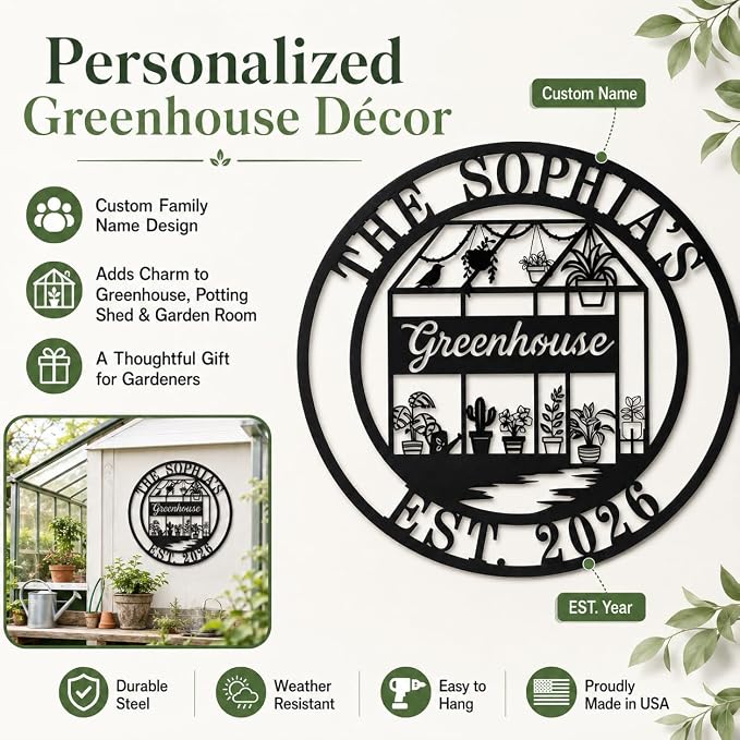 Personalized Metal Greenhouse Sign Custom Garden Name Sign for Outside Yard Patio Decor Botanical Wall Art Gift for Mom Grandma Gardener