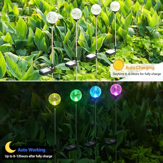 OxyLED Solar Outdoor Lights, 6 Pack Solar Stakes Crystal Cracked Glass LED Garden Globe Light Outdoor Waterproof, Color-Changing Auto On/Off, Pathway Lights for Landscape Patio Yard Decorations