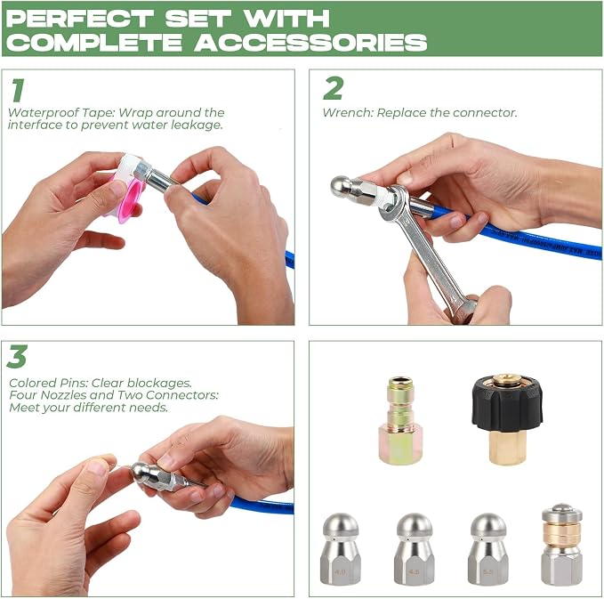 Sewer Jetter Kit for Pressure Washer 50FT, 5800 PSI Water Jet Drain Cleaner Hose 1/4 Inch NPT Corner, Rotating and Button Sewer Jetting Nozzles, Waterproof Tape, Spanners, and Pearl Corsage Pin