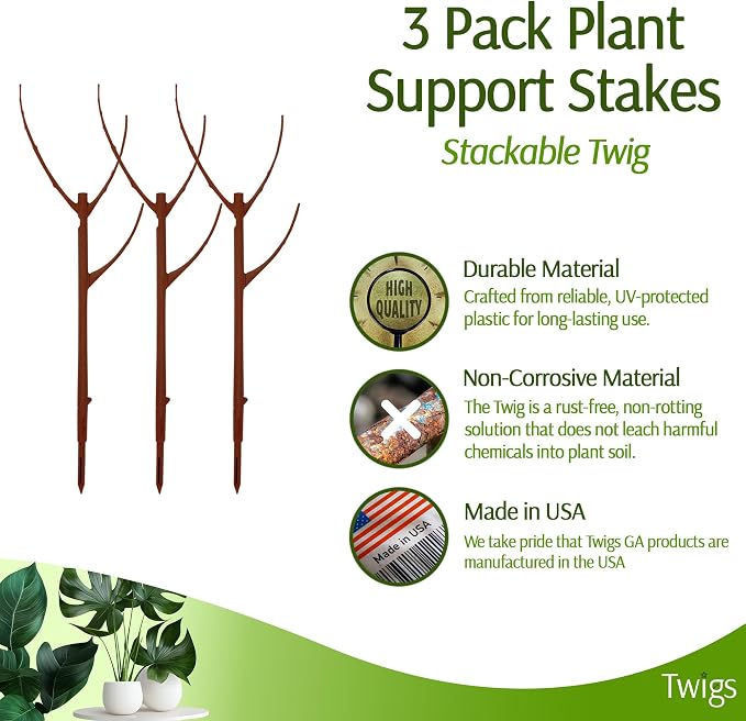 Twigs GA Stackable Plant Support Stakes, Begonia Red, 3-Pack, 17" L | Made in USA, UV-Protected Sticks, Natural-Looking Stem Support Stakes, Stackable Poles for Indoor & Outdoor Plants up to 5ft