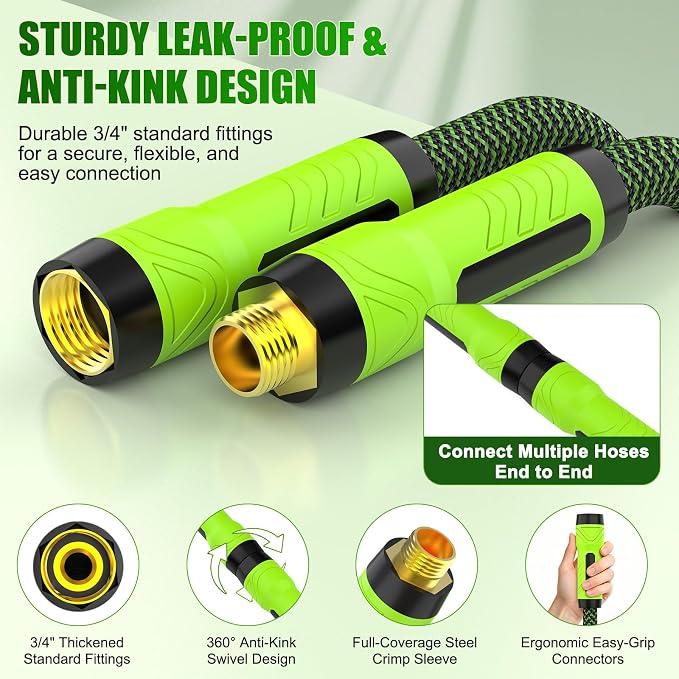 NON-EXPANDABLE Garden Hose 25ft x5/8'', Heavy Duty Flexible Water Hose with 10-Function Sprayer, Lightweight, Leak Proof, Durable Fabric Skin, Pressure Resistant for Yard, Outdoor