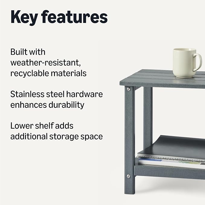 Amazon Basics Outdoor Patio Side Table with Lower Shelf, Weather-Resistant Stainless Steel Hardware, 16.5 x 12.6 x 16.5 Inches, Grey, 1-Pack