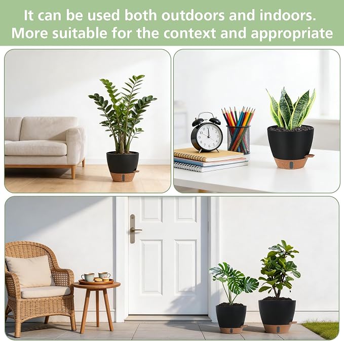 Self Watering Pots with Water Level Indicator, 12" 10" 9" 8" Large Plastic Flower Pots with Mesh Drainage Hole and Removable Saucer Reservoir for Indoor Outdoor Plants 4pcs （Black