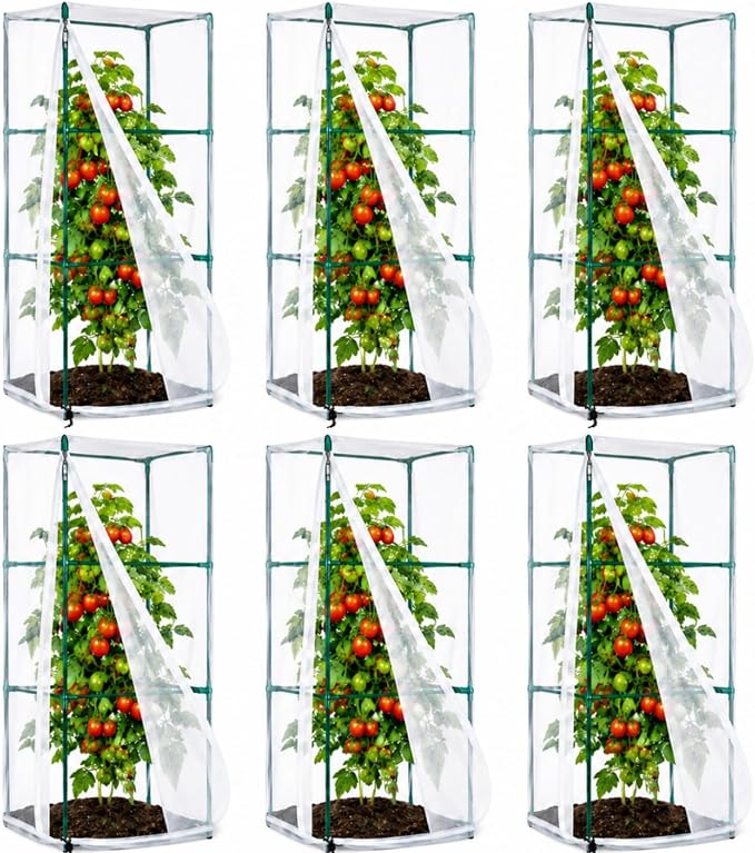 6 Pack Tomato Cage Covers, 18" x 60" Fine Mesh Plant Covers with Zipper & Drawstring, Reusable Garden Netting Protector Against Birds, Insects & Animals for Tomatoes, Peppers, Cucumbers