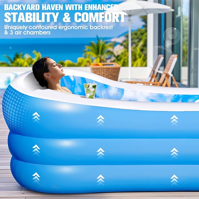 Inflatable Pool with Seat & Headrest,Large Blow Up Pool98x63x21.6IN | Oversized Thickened Blow Up Pool for Audlt,Inflatable Backyard Audlt Pool,Durable Swim Center Inflatable Family Lounge Pool