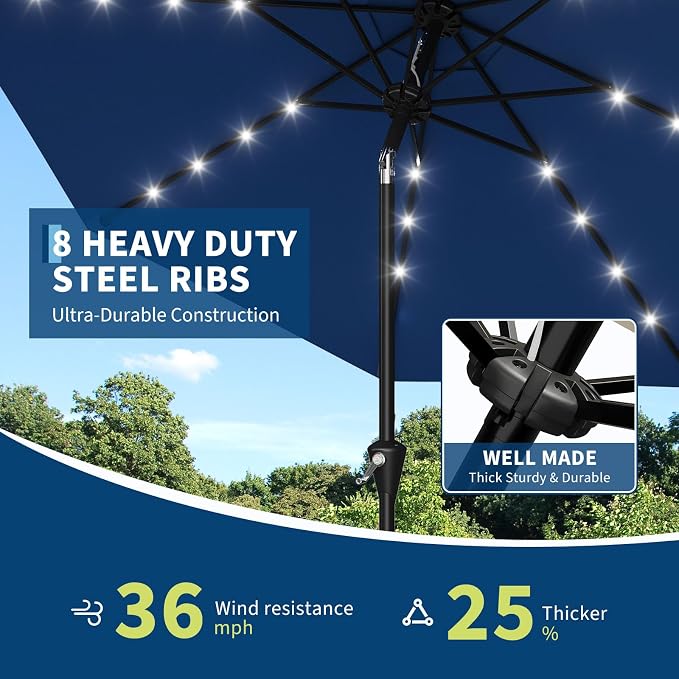 Patio Umbrella with Solar Lights, Outdoor Table Umbrella with 8 Durable Ribs, Tilt & Crank Mechanism, Water & UV Protection Sun Shade Umbrella for Garden, Poolside, Backyard (Navy Blue, 10 FT)