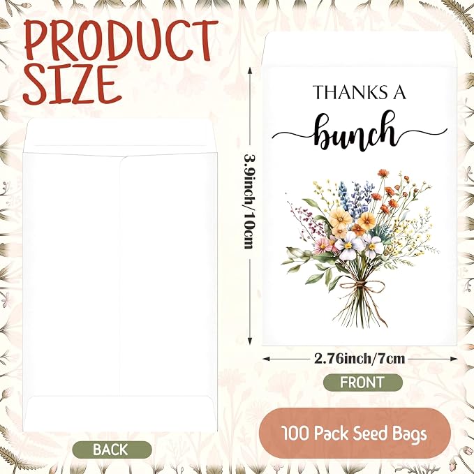 Fumete 100 Pcs Thank You Seed Packets Wedding Favor Wildflower Seed Envelopes Thanks a Bunch Party Favors Self Adhesive Seeds Storage Packets Envelopes for Appreciation Gifts Wedding, No Seeds