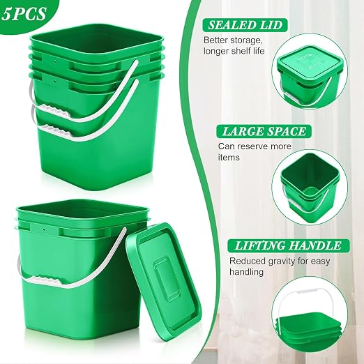 Mumufy 5 Pcs 3.5 Gallon Square Food Grade Bucket with Lid Square Bucket Pail Plastic Handles for Long Term Food Storage, Camping, Fishing, Home Organization Easy Stack and Store (Green)