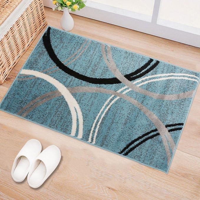 Rugshop Wavy Circles Modern Jute Backing Accent Area Rug Blue 2' x 3' | Rectangular, Size 2' x 3', Living Room, Bedroom, Dining Room, Home Office, Kitchen, Entryway, Hallway, Nursery, Kids Room