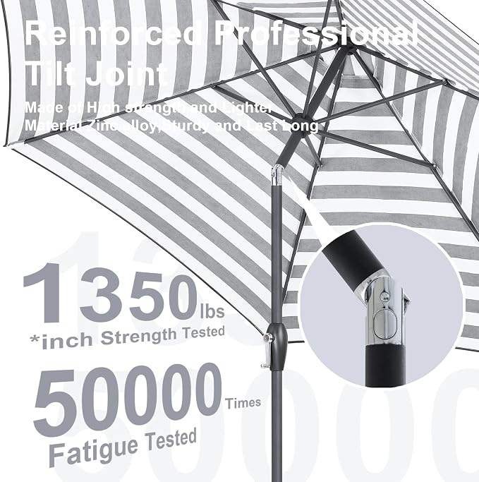 Tempera Striped Patio Umbrellas Outdoor Table Market Umbrellas with Crank & Pust Button Tilt|Auto-Tilt, 8 Steel Ribs, High Color-Fastness Canopy