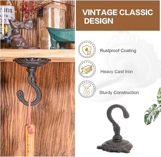 Sungmor Heavy Duty Ceiling Hooks for Hanging Plants, 3PC Black 3.5x3.9Inch Large Cast Iron Ceiling Hooks, Antique Decorative Ceiling Swag Hooks for Hanging Planter Chandelier Wind Chime Lantern Hanger