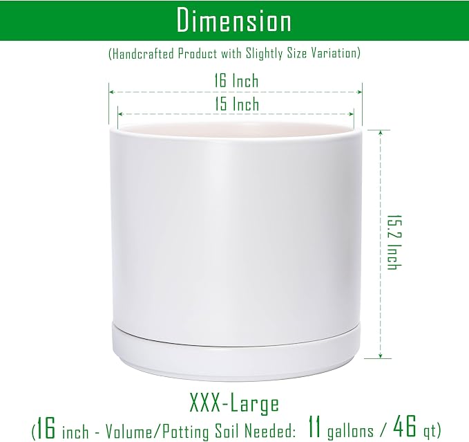 D'vine Dev 16 Inch Ceramic Planter Pot with Drainage Hole and Saucer, Indoor Cylinder Round Planter Pot, White, 94-O-H-1