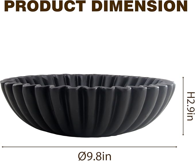 10'' Large Ruffle Decorative Fruit Bowl for Entryway Coffee Table Scalloped Purse Key Holder Kitchen Countertop Console Modern Organic Home Decor,Black