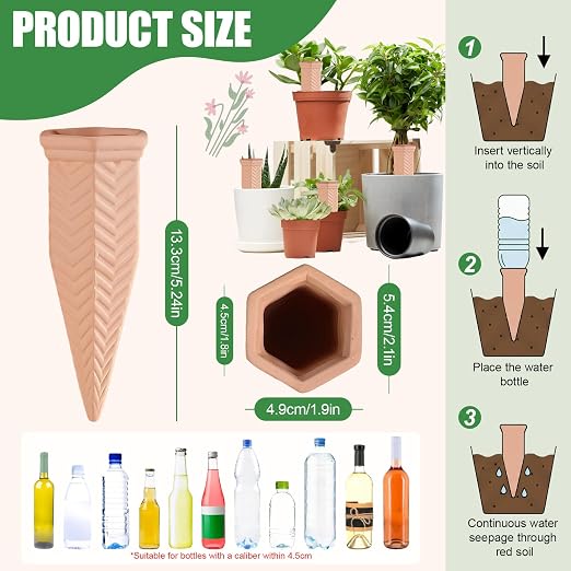 Terracotta Watering Spikes, 4 Pack Plant Watering Devices Self Watering Spikes Vacation Clay Watering Stakes Garden Plant Watering Globes for Indoor & Outdoor Plants