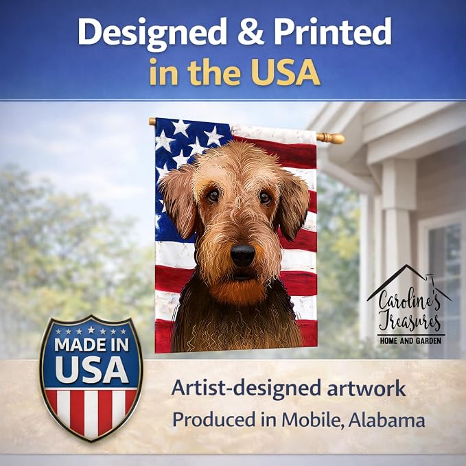 Caroline's Treasures CK6385CHF Airedale Terrier American Flag House Flag Large Porch Sleeve Pole Decorative Outside Yard Banner Artwork Wall Hanging, Polyester, House Size, Multicolor