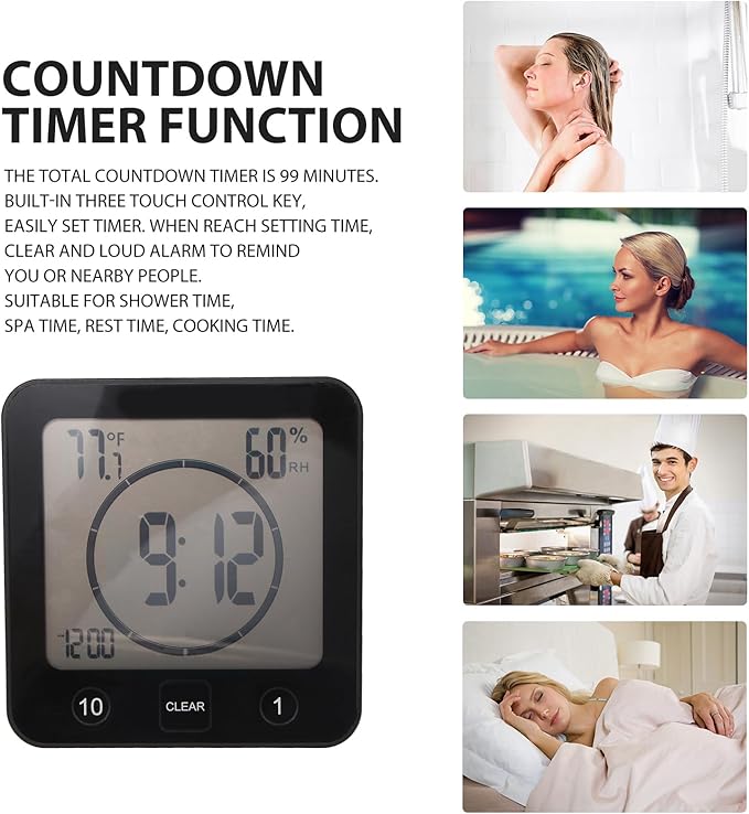 Digital Bathroom Shower LCD Wall Clock with Suction, Waterproof Temperature Humidity Gauge, Touch Screen Timer, Large Countdown Timer (Black)