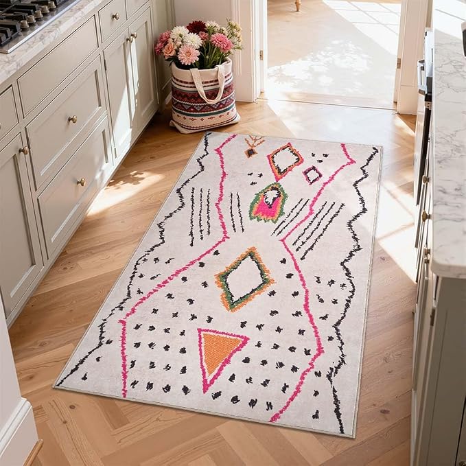 jinchan 3x5 Area Rug Hot Nerd Modern Boho Geometric Entryway Rug, Beige | Abstract Design, Tribal Inspired, Diamond Motifs, Washable, Soft Texture, Non-Slip, Low Pile, Bedroom, Living Room