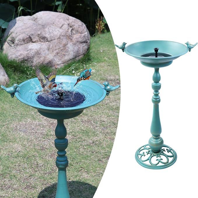 26.6" H Solar Bird Bath, Cast Iron Bird Bath and Solar Fountain, Outdoor Metal Bird Bath Bowl for Outdoors,Patio Yard Lawn Decor