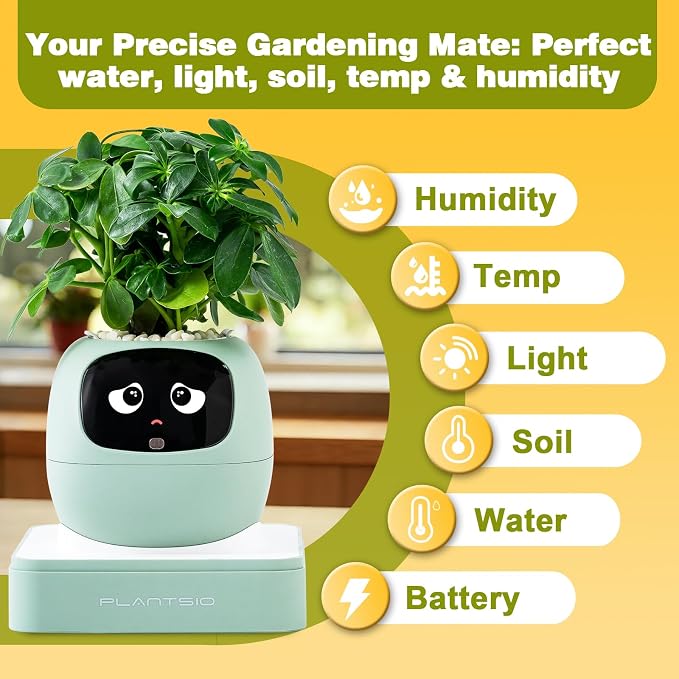 Smart Plant Pot with Visual Display – Soil Moisture, Water Level, Light & Battery Monitor, 80ml Self-Watering Reservoir, Supports 100+ Plants, Pomodoro Timer, Clock & Calendar (Green)