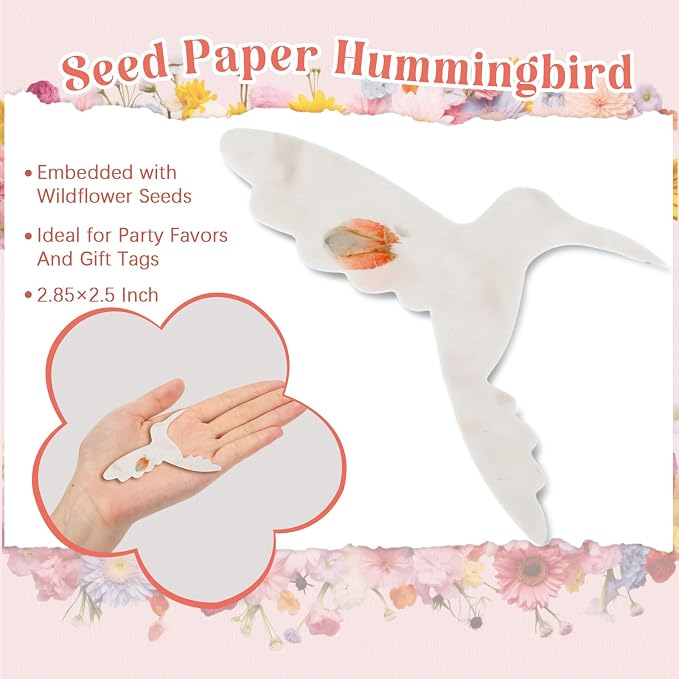 Dunzoom 50 Pcs Handmade Seed Paper Plantable Wildflower Seed Paper Recycled Flower Petals Tags Wedding Favors for Guests Craft Gifts Cards for Envelope Birthday Party, 5 Styles (Hummingbird Shape)
